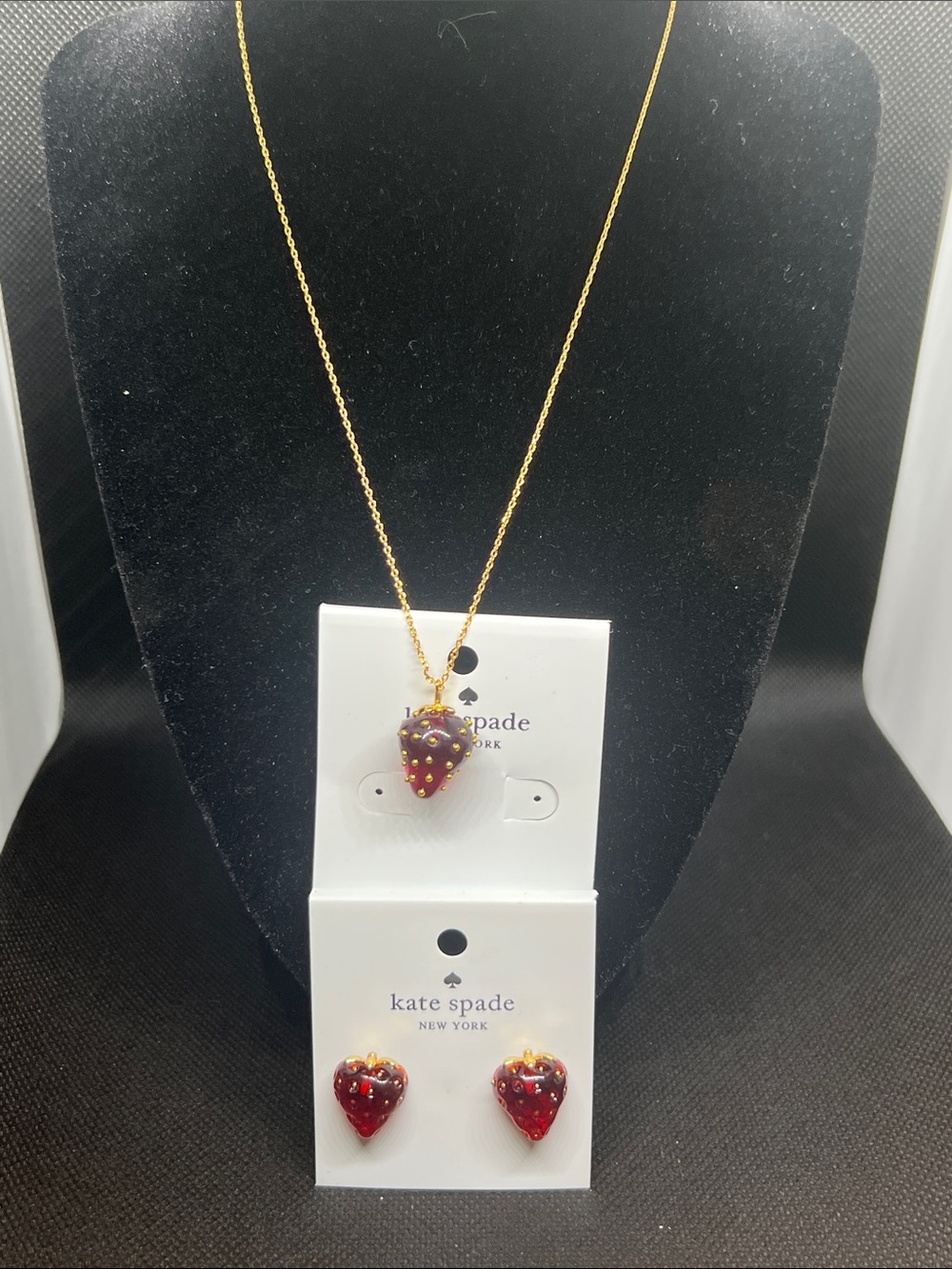 kate spade gold-tone red strawberry pendant necklace with matching stud earrings